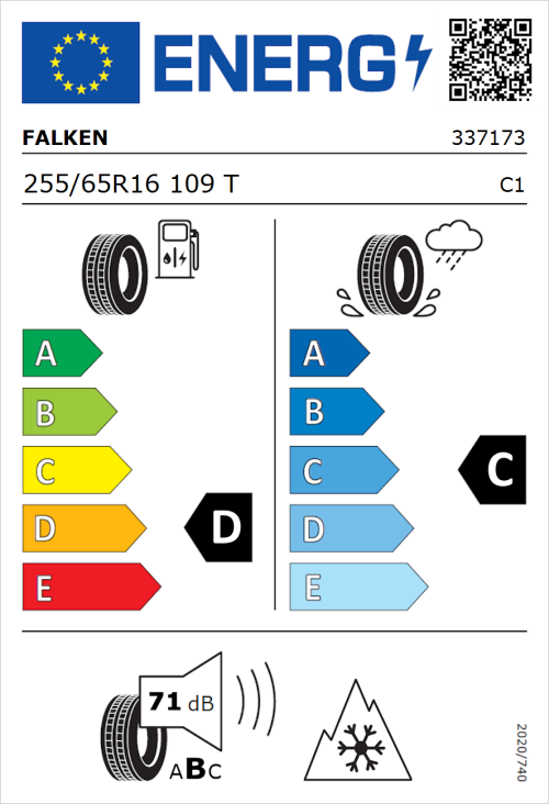 Tyre Label for Falken Wildpeak A/T AT3WA 255/65R16 109T