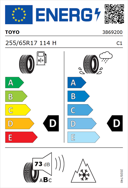 Tyre Label for Toyo Open Country ATIII 255/65R17 114H