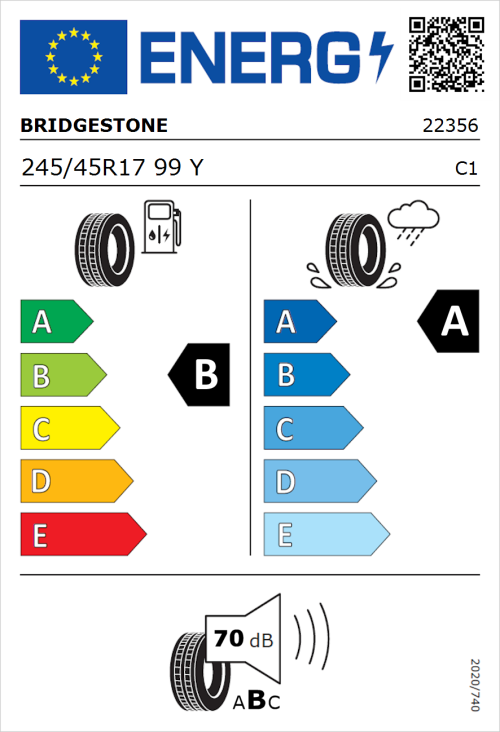 Tyre Label for Bridgestone Turanza 6 245/45R17 99Y