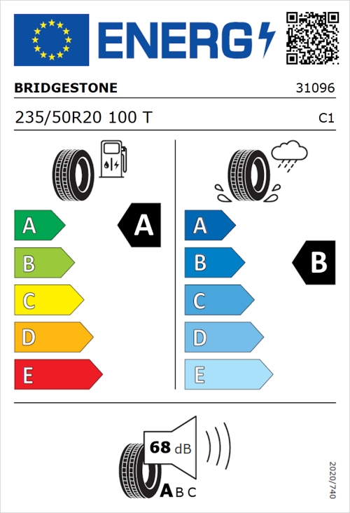 Tyre Label for Bridgestone Turanza 6 235/50R20 100T