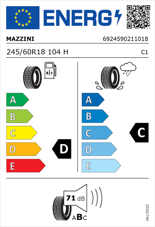 Tyre Label for Mazzini Ecosaver 245/60R18 104H